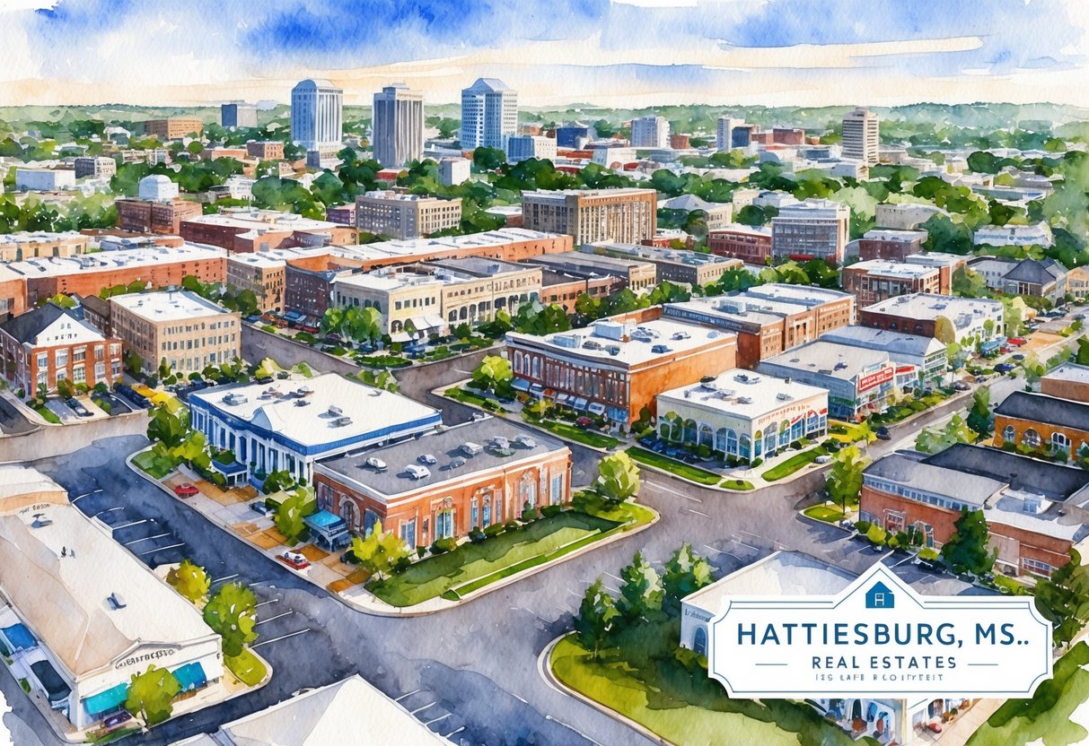 A bustling cityscape with diverse real estate properties in Hattiesburg, MS. Vibrant neighborhoods and commercial areas showcase various investment opportunities