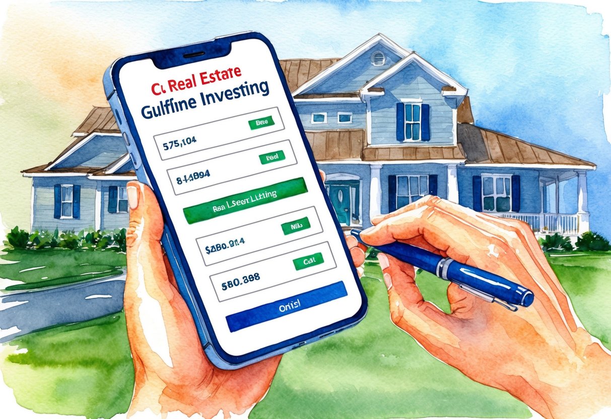 A person scrolling through online property listings for real estate investing in Gulfport, MS