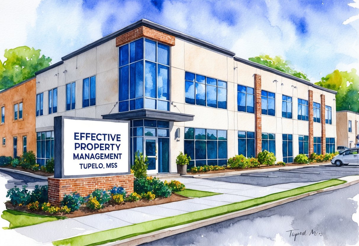 A modern office building in Tupelo, MS with a "Effective Property Management" sign, surrounded by well-maintained rental properties and happy tenants