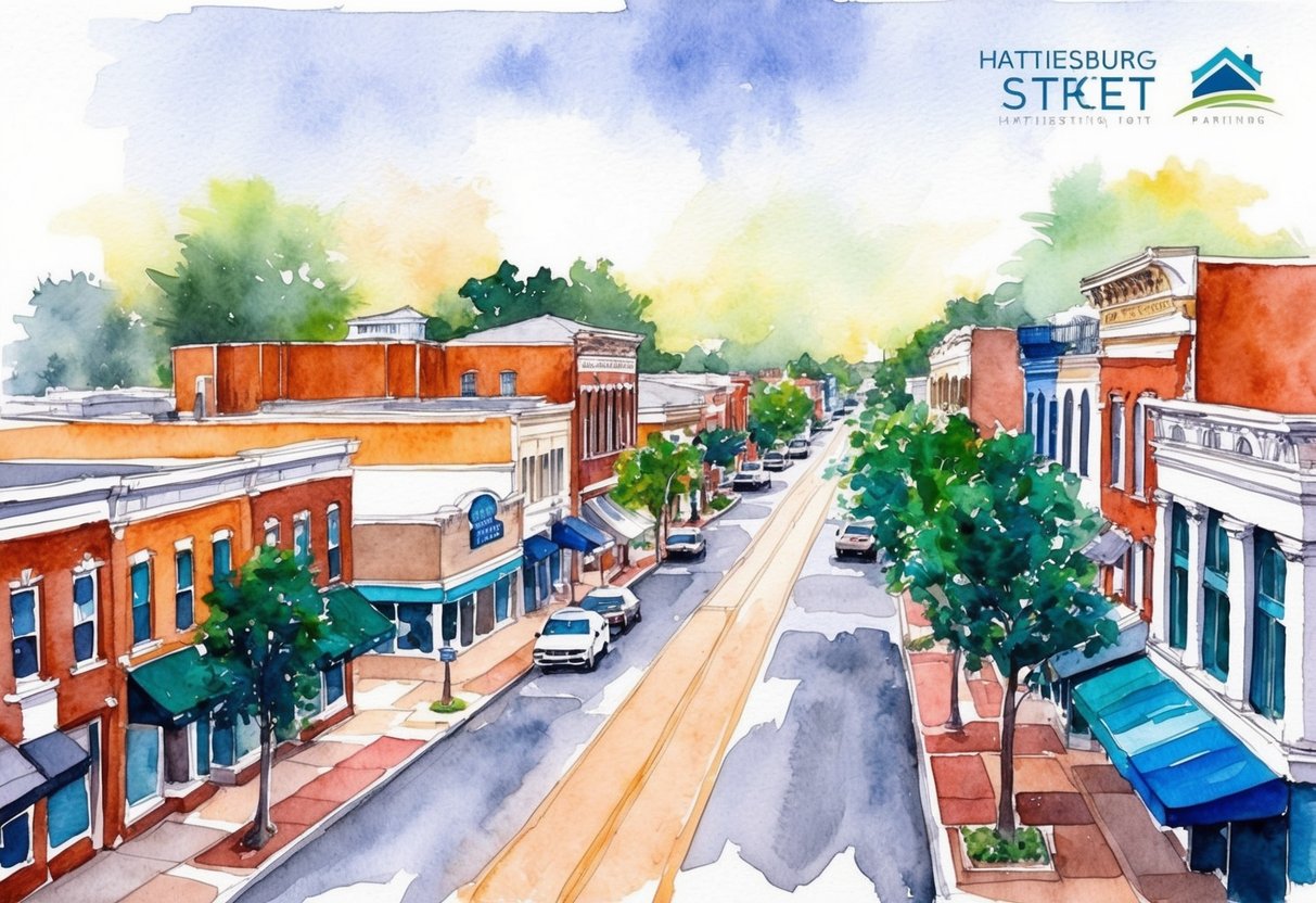 A bustling Hattiesburg street with a mix of residential and commercial buildings, showcasing the vibrant real estate market