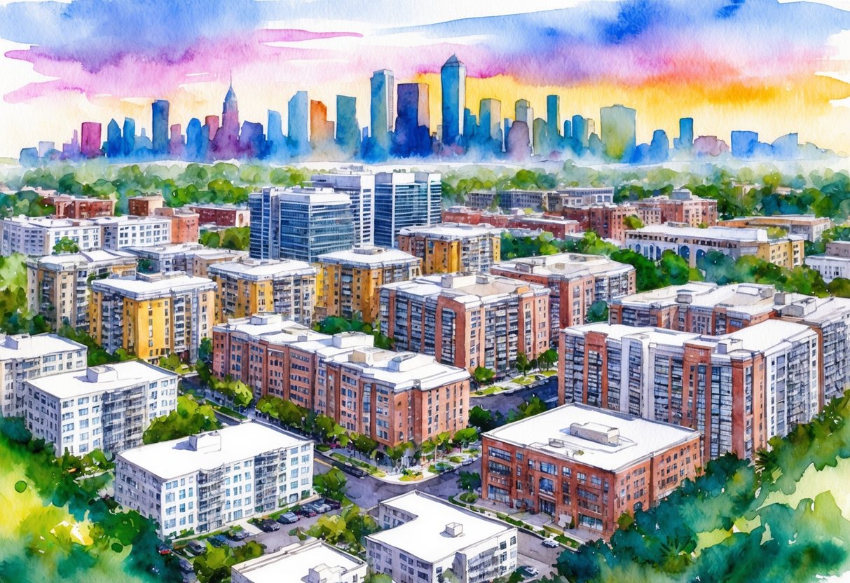 A bustling cityscape with multiple real estate properties, including residential and commercial buildings, surrounded by trees and a vibrant skyline