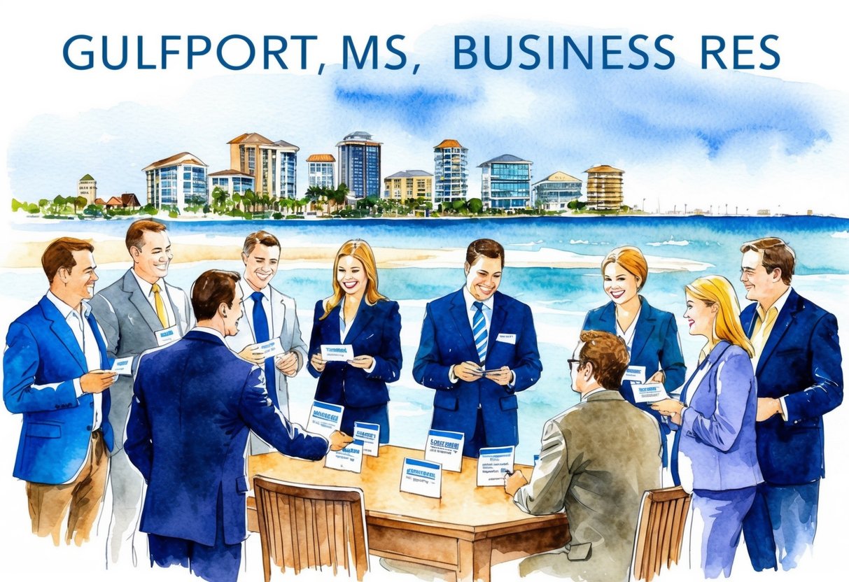 A group of investors gather in Gulfport, MS, exchanging business cards and discussing real estate opportunities. The city skyline and coastal scenery provide a backdrop