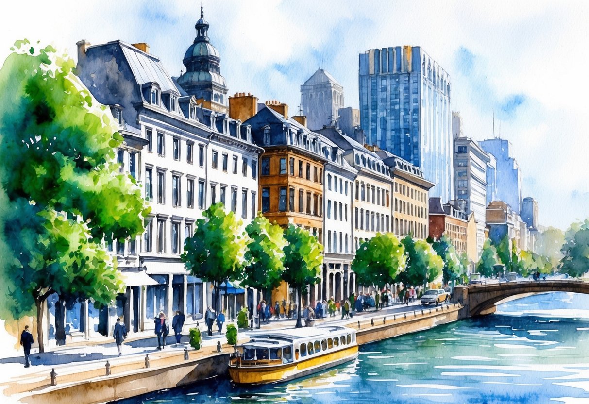 A bustling city street with a mix of historic and modern buildings, surrounded by lush greenery and located near a river or lake