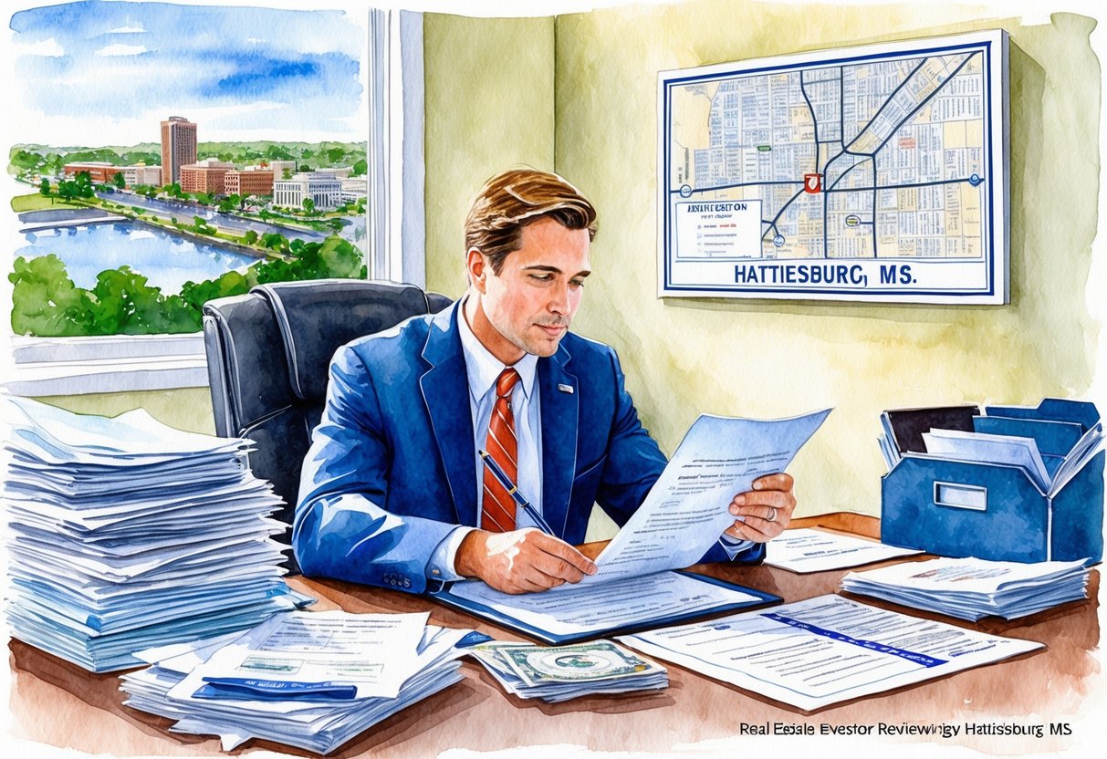 A real estate investor reviewing legal documents in an office in Hattiesburg, MS. Files and paperwork scattered on a desk, with a city map on the wall