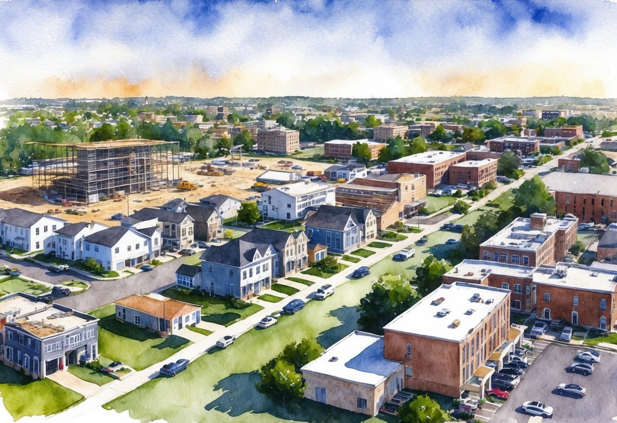 A bustling cityscape with various properties and buildings, some under construction, others for sale or rent. A mix of residential and commercial real estate in Hattiesburg, MS
