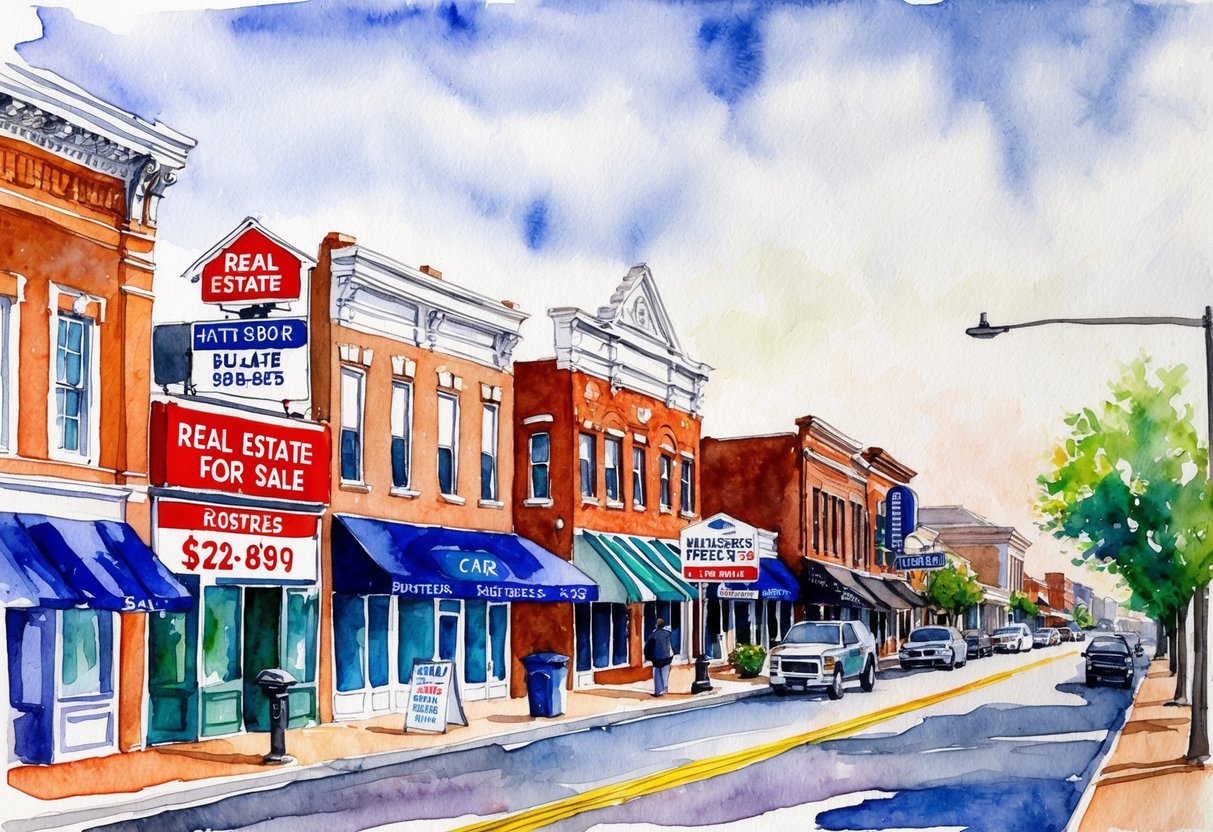A bustling Hattiesburg street with diverse buildings and signs, including real estate offices and properties for sale
