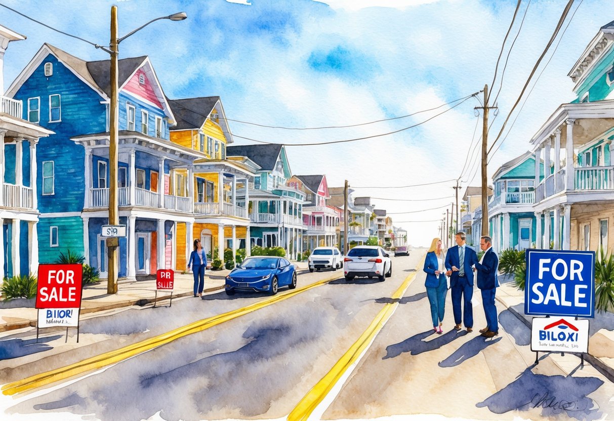 A bustling street in Biloxi, MS lined with colorful beachfront properties and "For Sale" signs, with investors and real estate agents networking