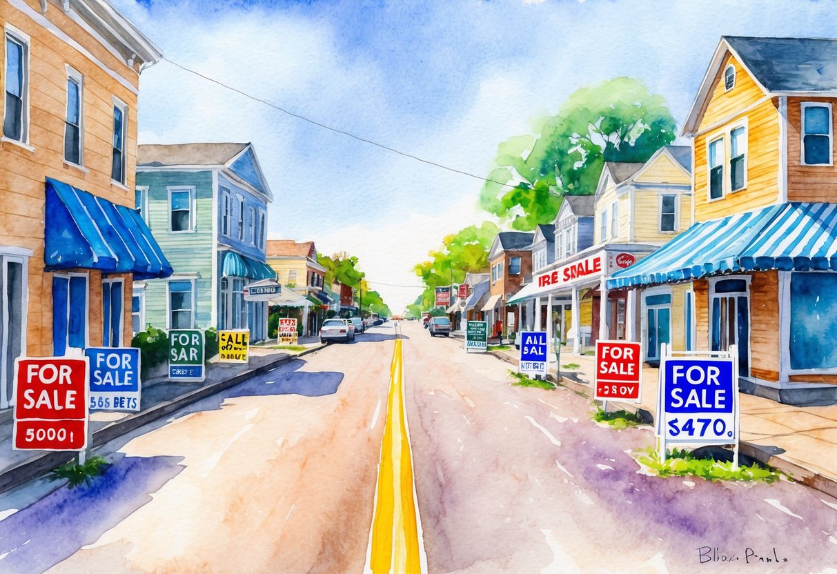A bustling Biloxi street with colorful for sale signs outside various properties. A mix of residential and commercial buildings line the road, showcasing the diverse real estate market