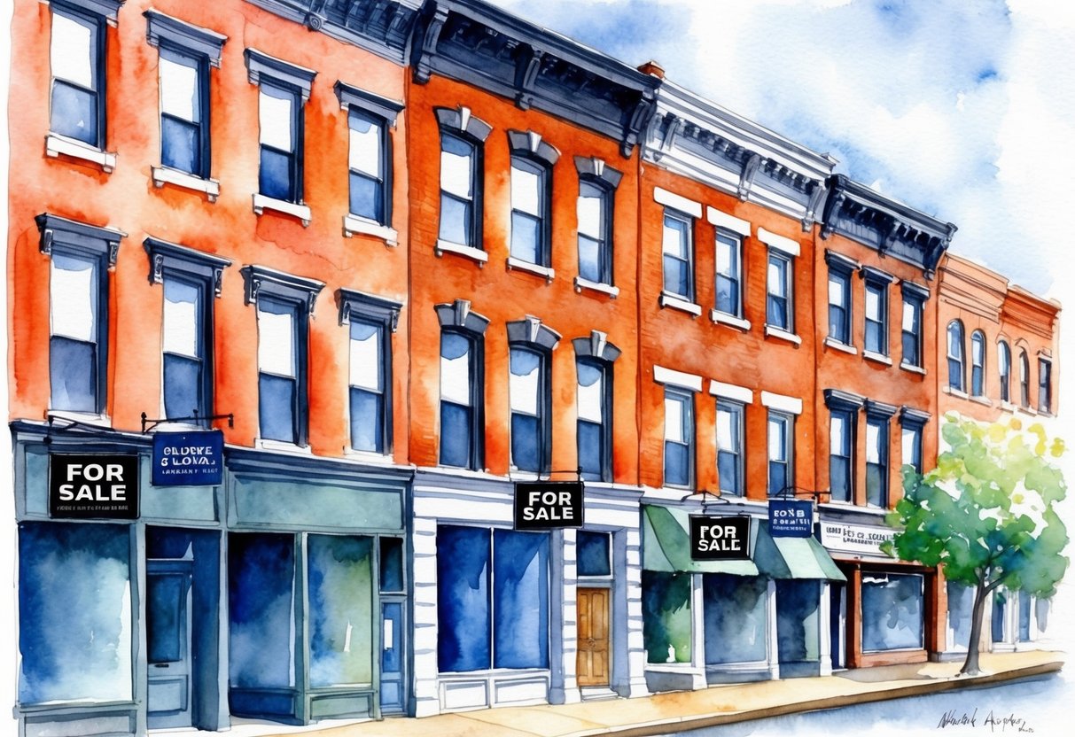 A row of historic brick buildings in downtown St. Louis, with "For Sale" signs and a mix of commercial and residential properties