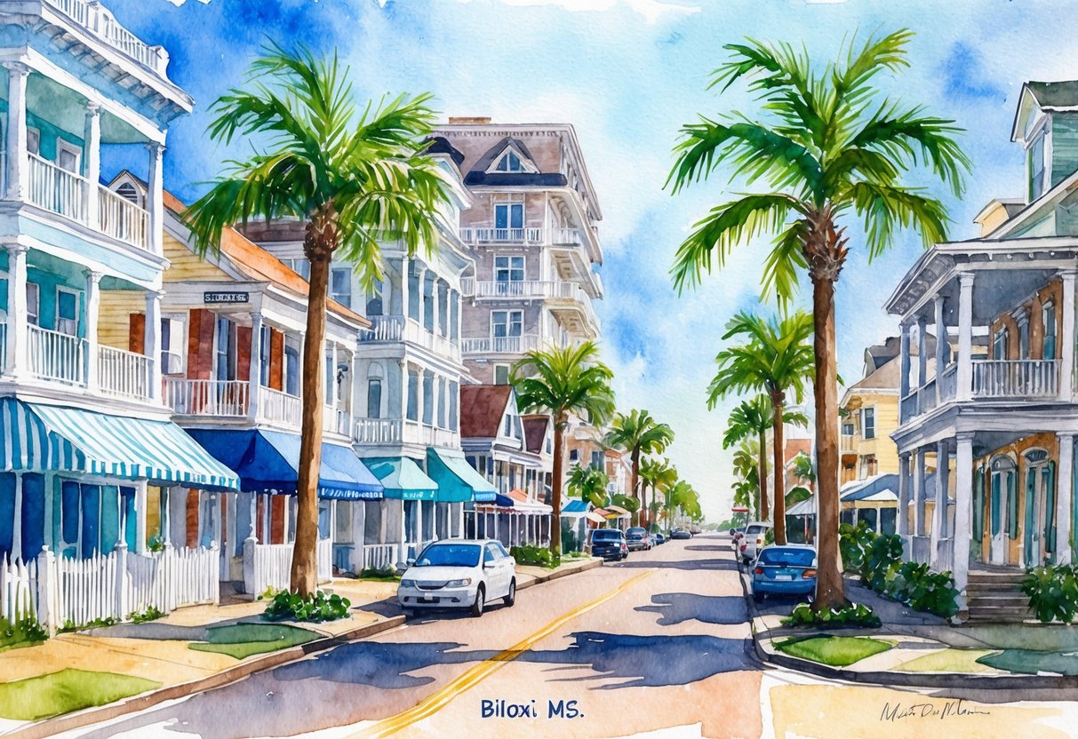 A bustling street in Biloxi, MS with various real estate properties, from beachfront condos to historic homes, surrounded by palm trees and a vibrant atmosphere