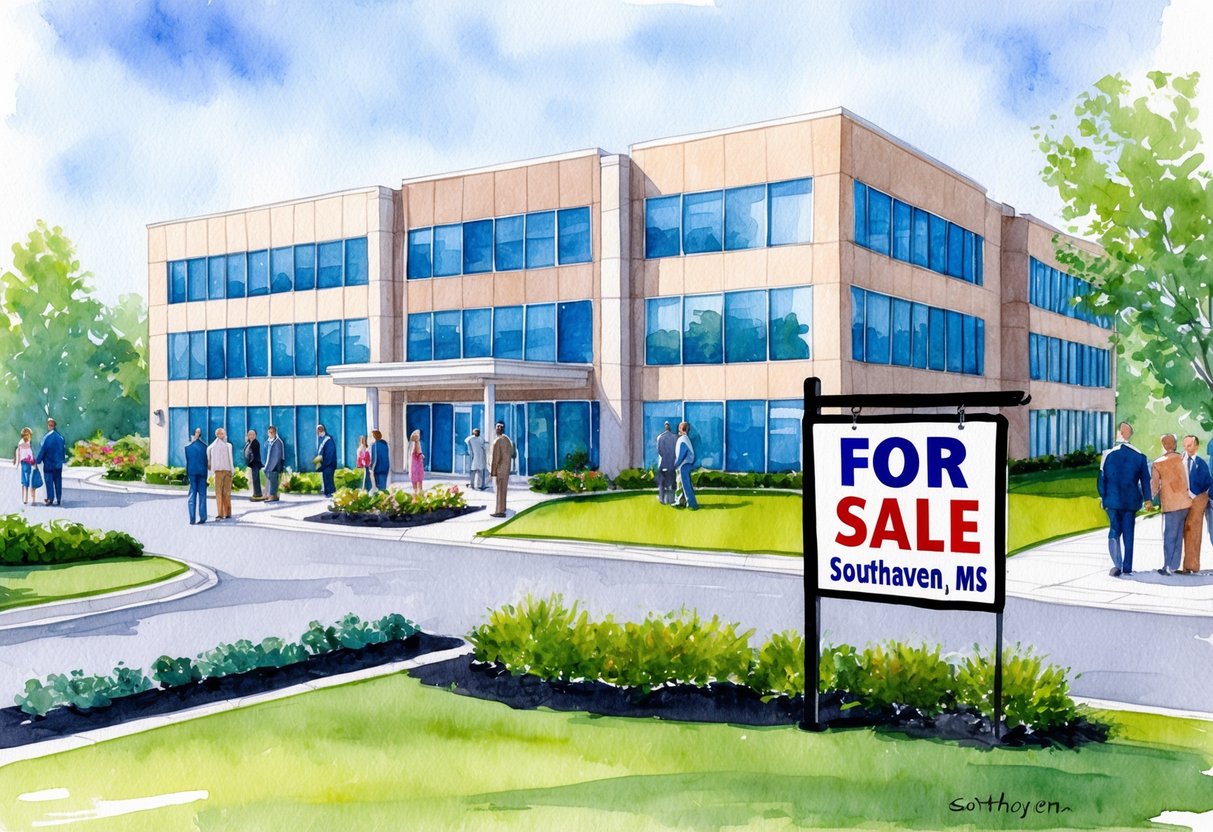 A modern office building in Southaven, MS with a "For Sale" sign out front, surrounded by a neatly landscaped area and bustling with potential investors