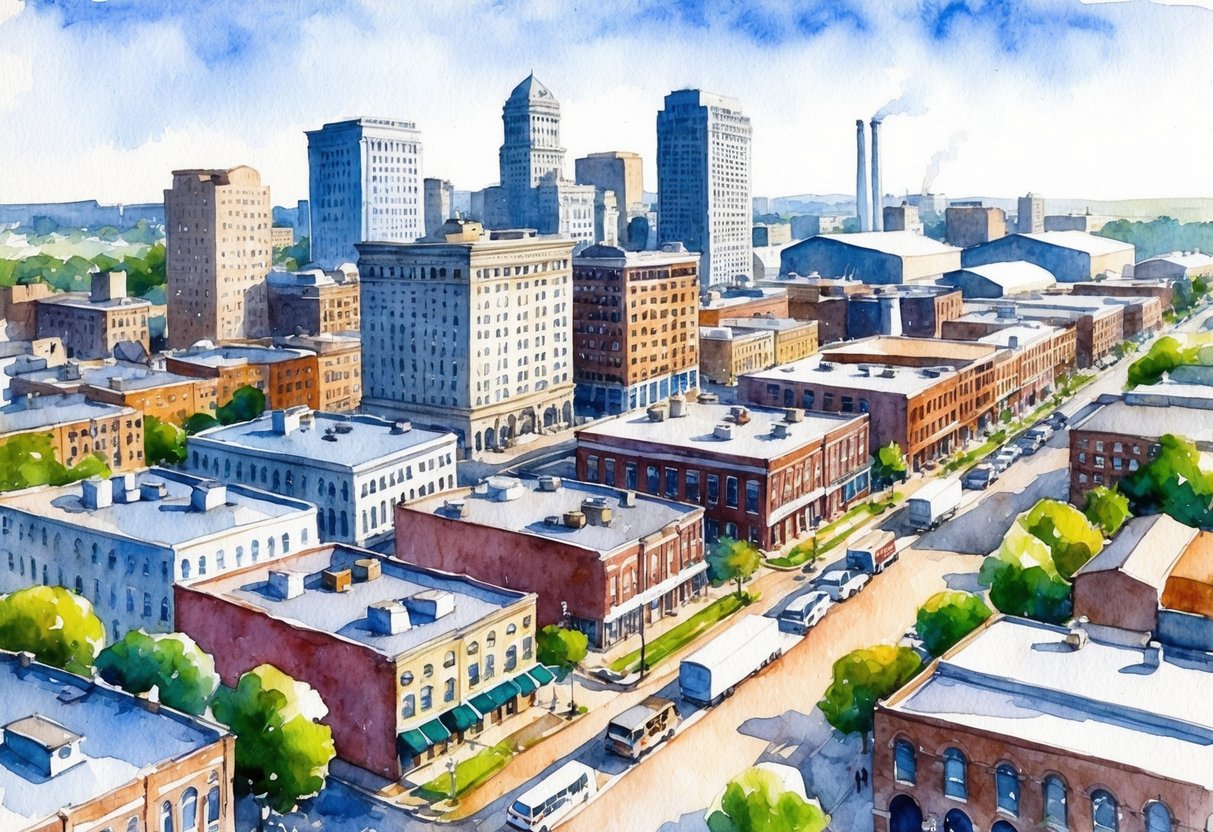 A bustling cityscape in St. Louis with various types of real estate investments such as residential buildings, commercial properties, and industrial warehouses