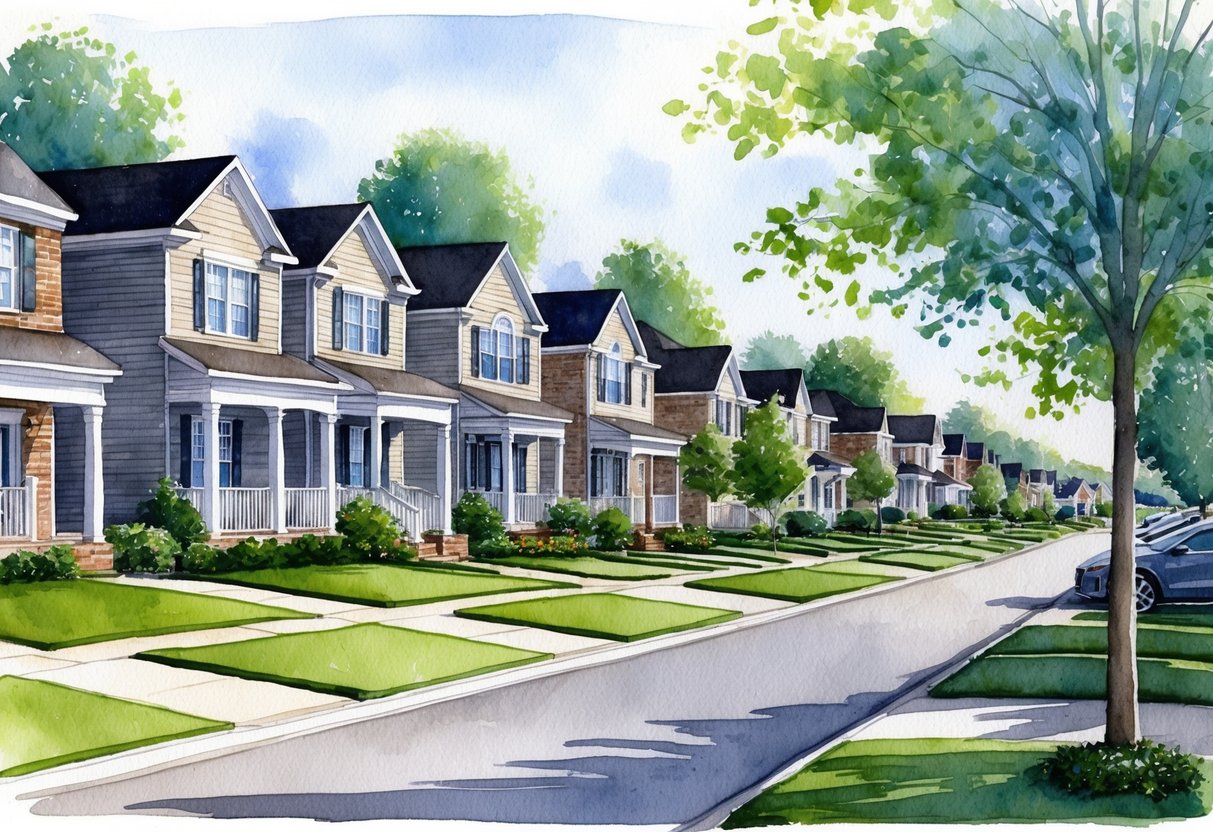 A suburban neighborhood in Southaven, MS with rows of well-maintained houses, manicured lawns, and tree-lined streets, reflecting a stable real estate market