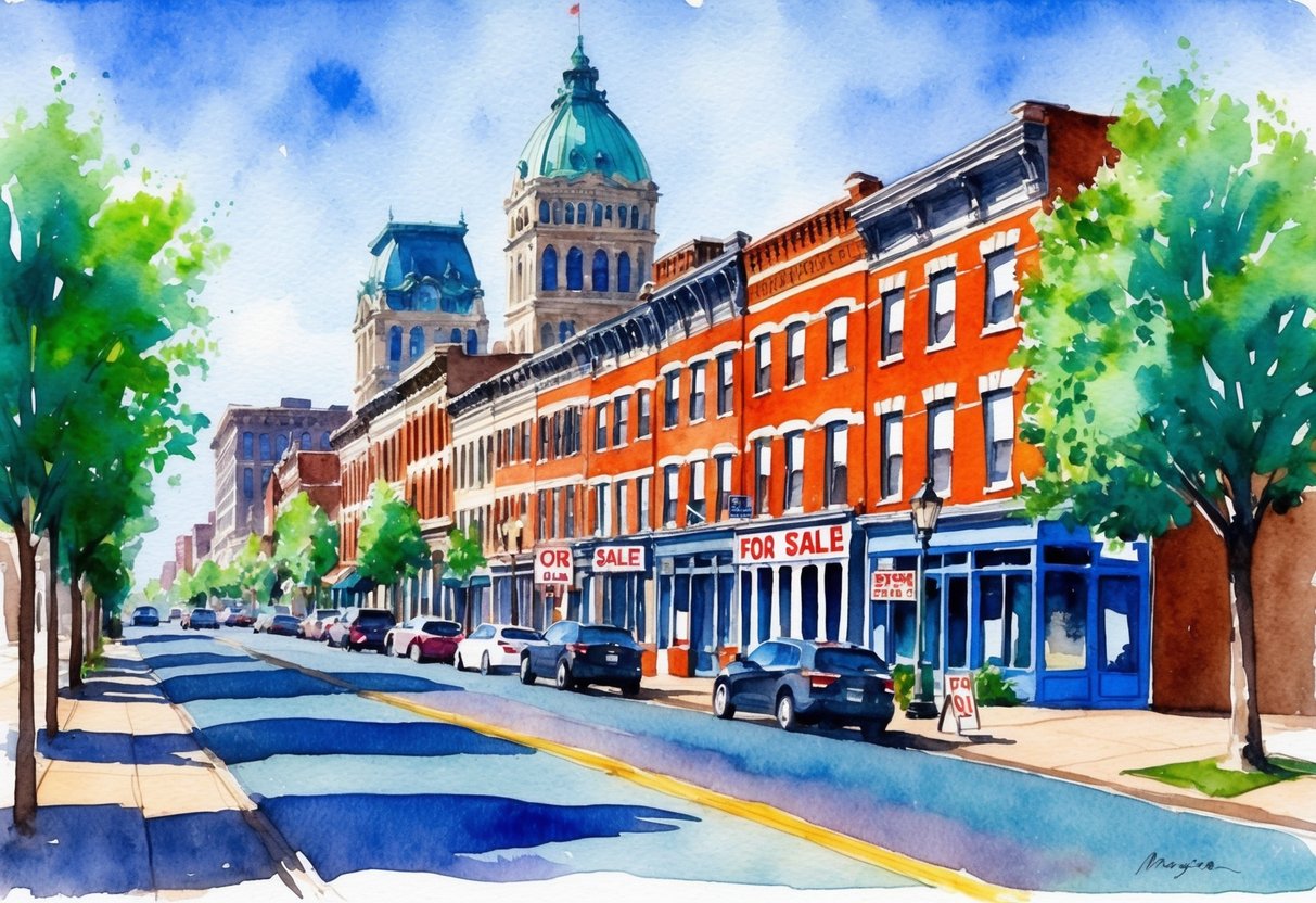 A bustling city street in St. Louis, with rows of historic brick buildings and "For Sale" signs, surrounded by green trees and a clear blue sky