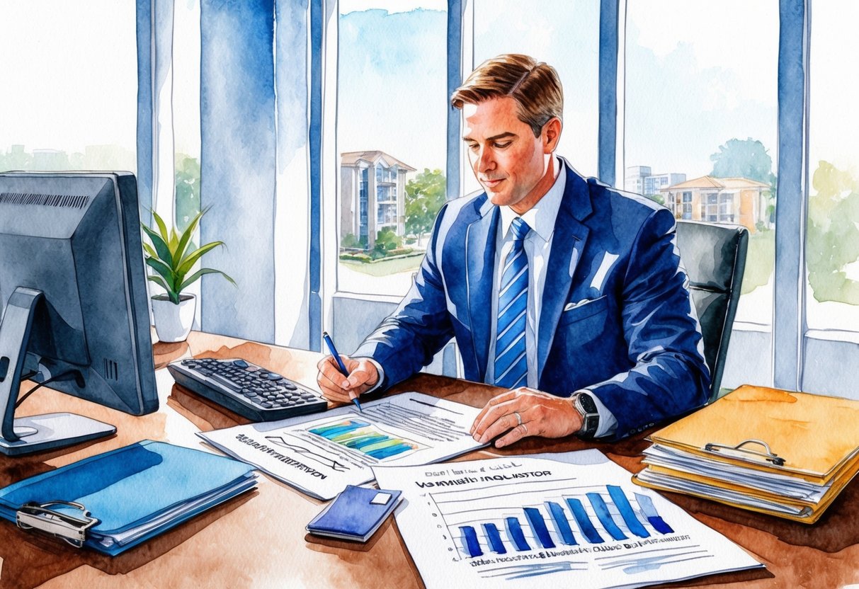 A real estate investor in Biloxi, MS reviews legal and regulatory compliance documents at a desk with a computer and files