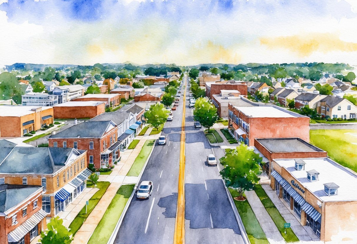 A bustling Southaven street with various real estate properties, including residential homes, commercial buildings, and vacant land for potential investment