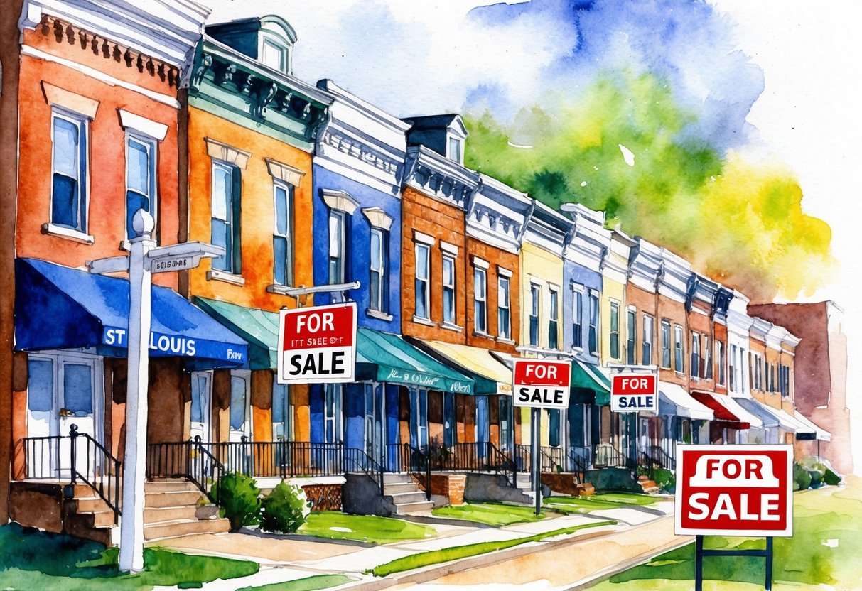 A row of houses in St. Louis, MO with "For Sale" signs, surrounded by a bustling real estate market