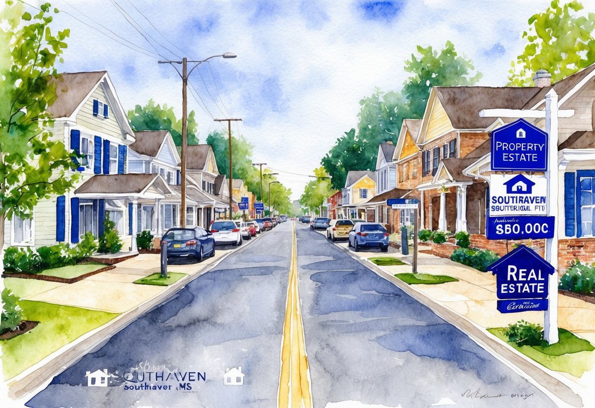 A bustling street in Southaven, MS lined with various properties and real estate signs, showcasing the financial aspects of property investment