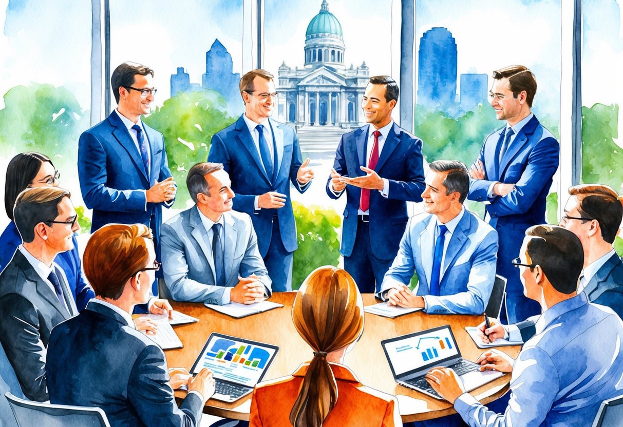 A group of professionals gather in St. Louis, discussing real estate investment and networking to build a successful team