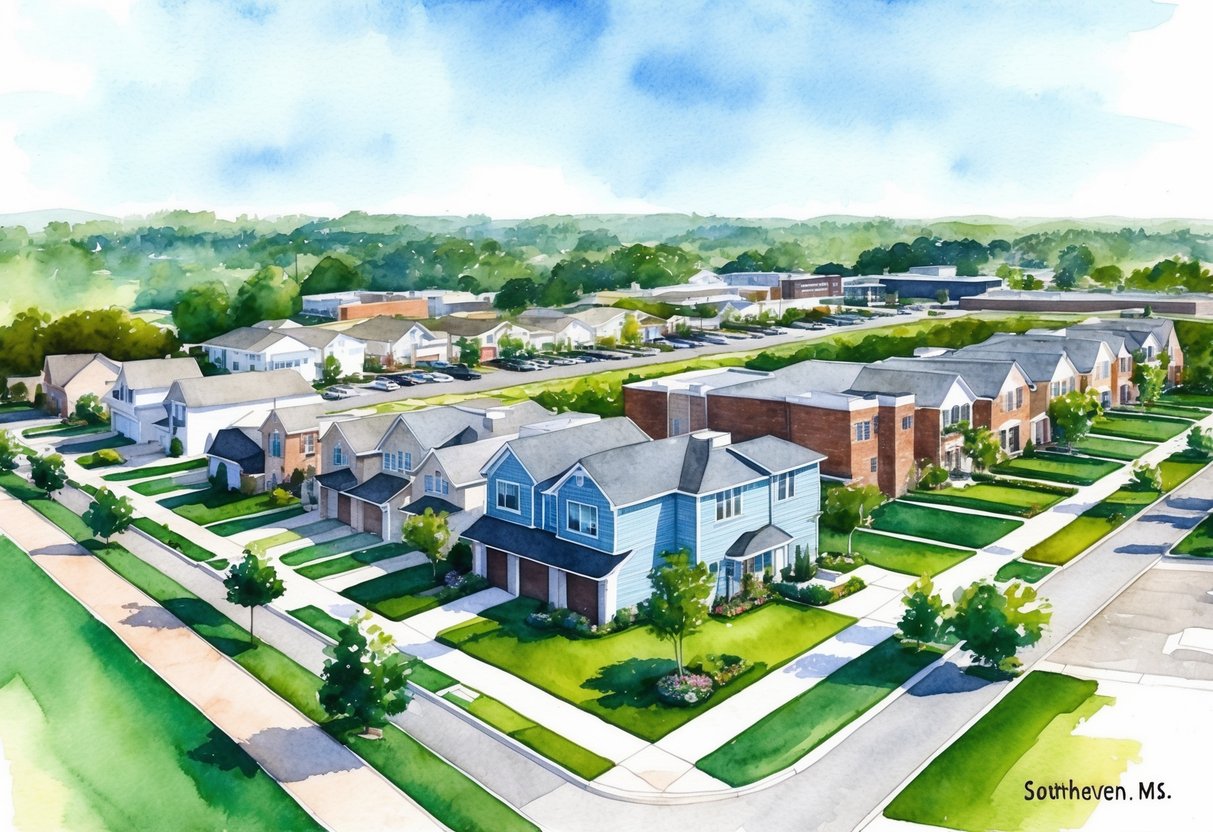 A suburban neighborhood in Southaven, MS with modern homes, green lawns, and a mix of residential and commercial properties