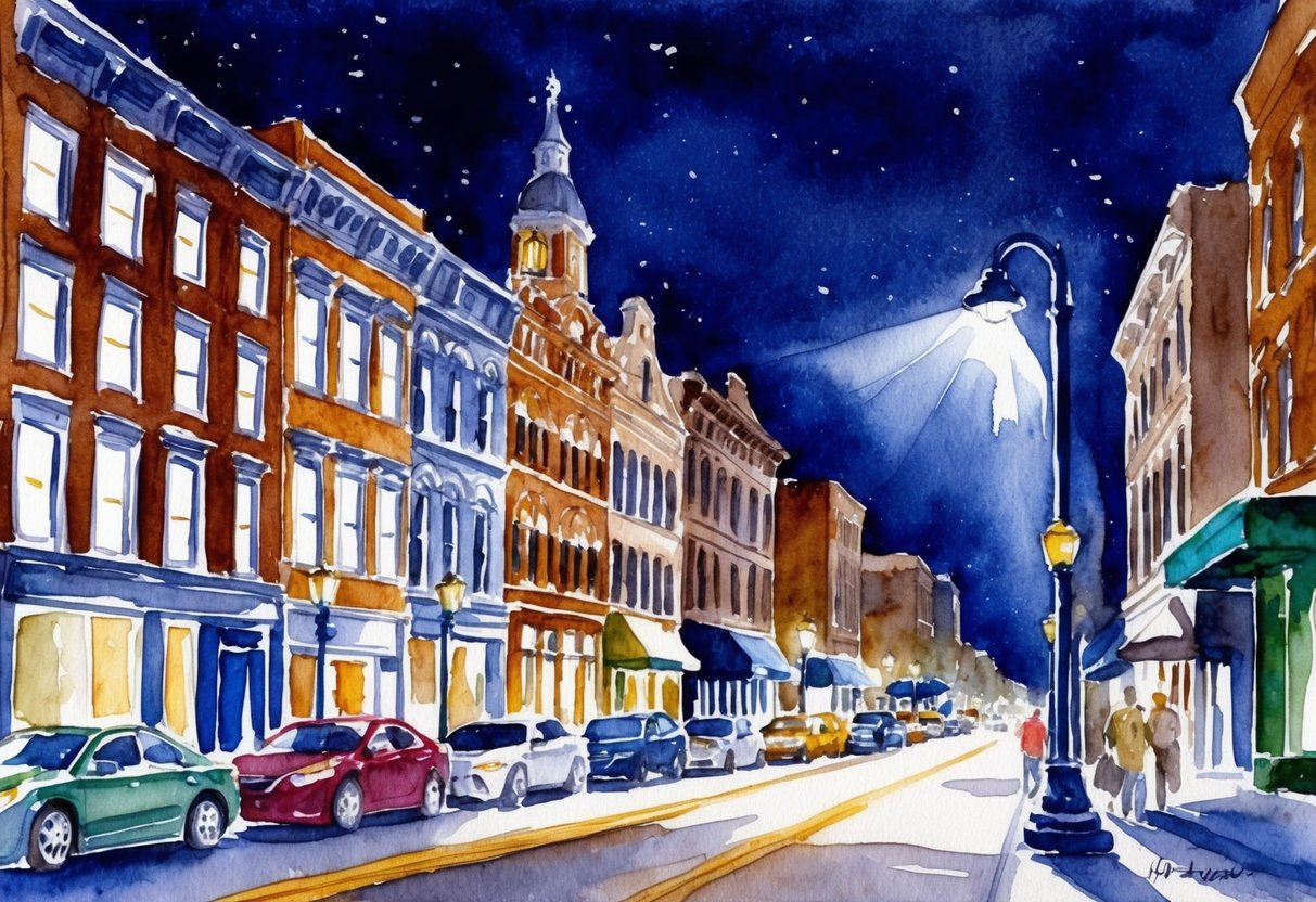 A bustling city street at night with a spotlight shining on a row of historic buildings in St. Louis, MO