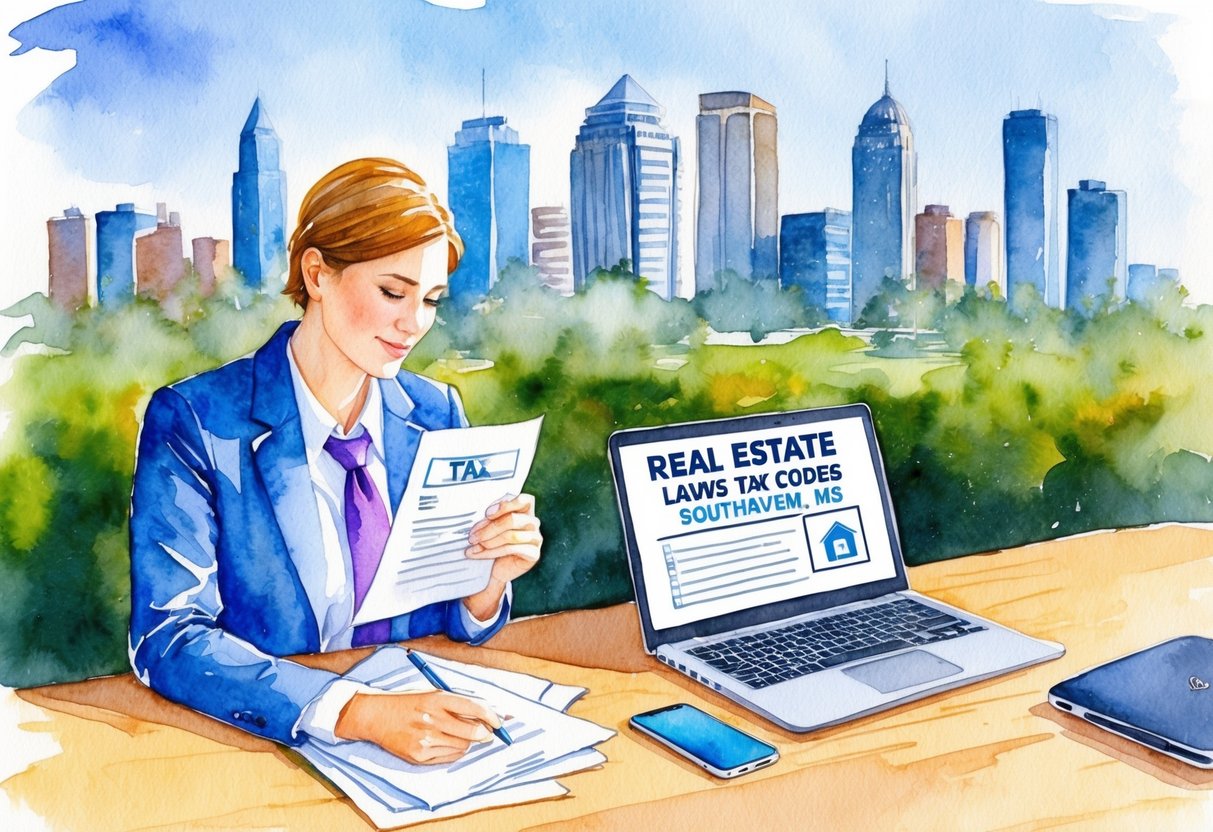 A person researching real estate laws and tax codes in Southaven, MS with documents, a laptop, and a city skyline in the background