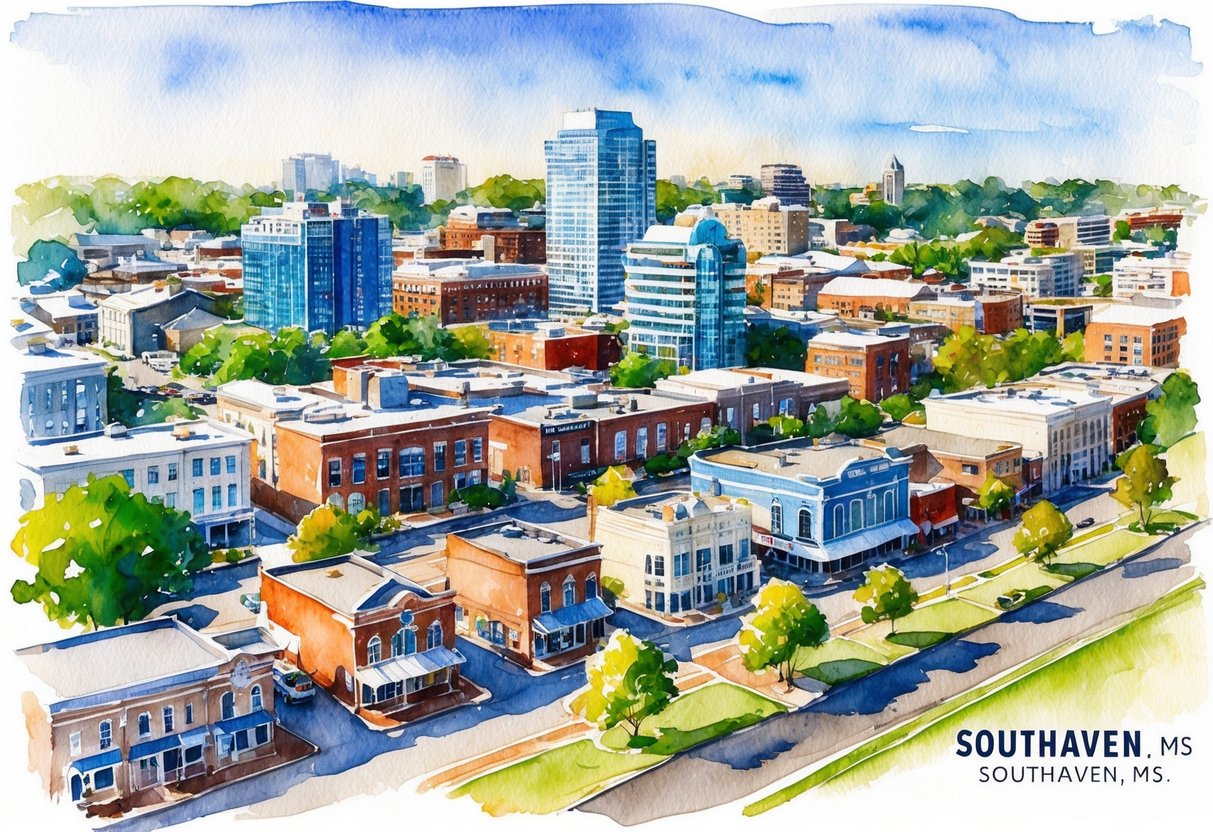 A bustling cityscape in Southaven, MS with diverse real estate properties and investment opportunities