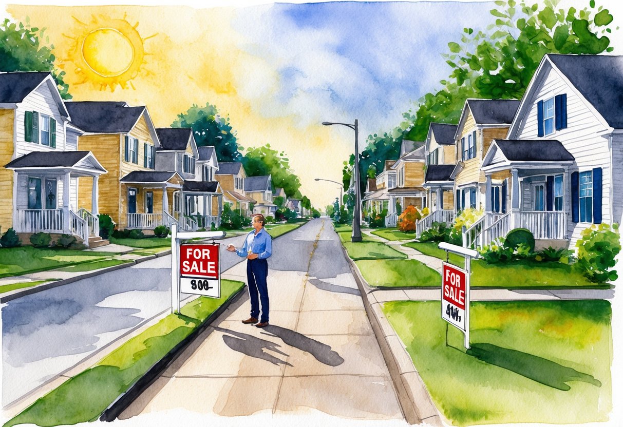 A sunny street in Southaven, MS lined with suburban houses and "For Sale" signs, with a real estate agent showing a property to potential investors