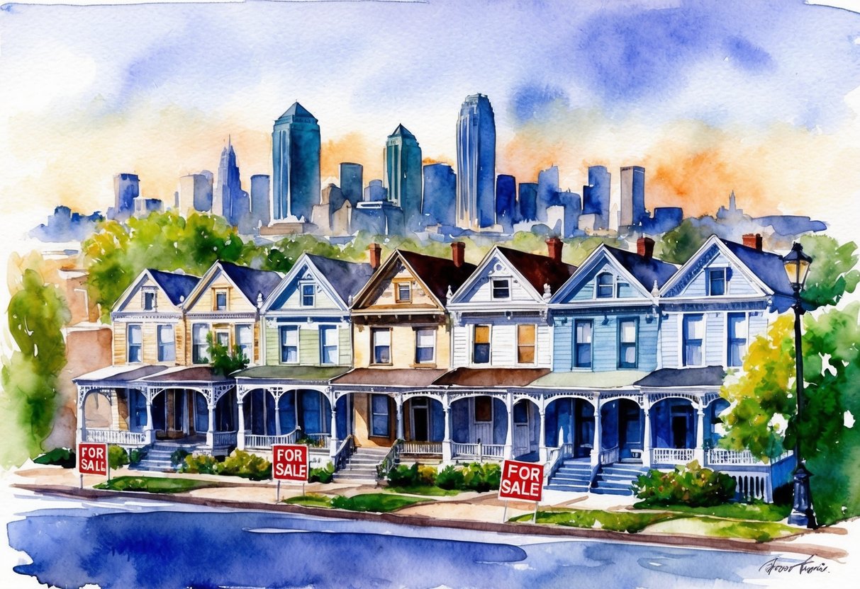 A row of historic homes in Kansas City, MO with "For Sale" signs and a bustling downtown skyline in the background