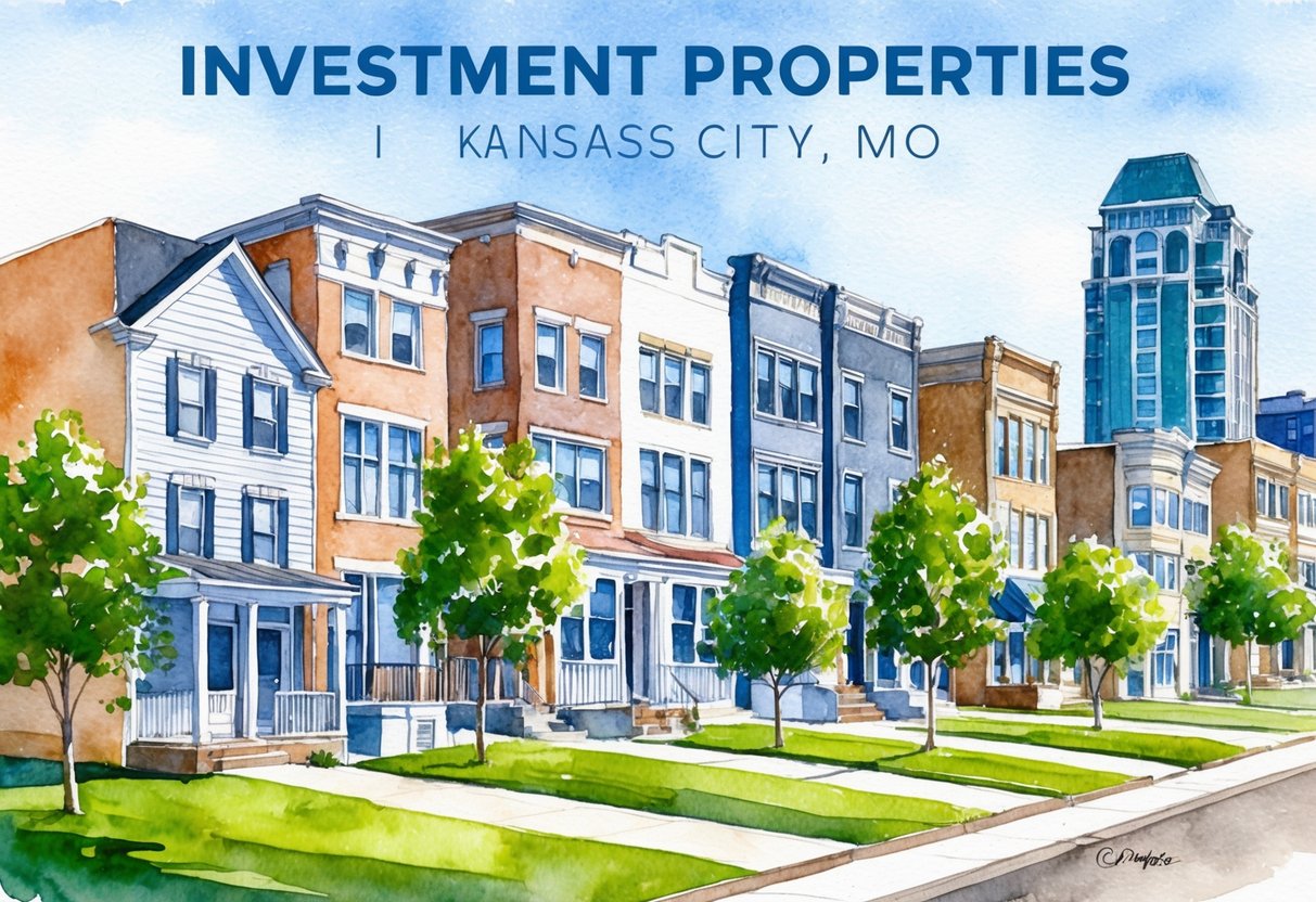 A row of diverse investment properties in Kansas City, MO, including single-family homes, multi-unit buildings, and commercial real estate