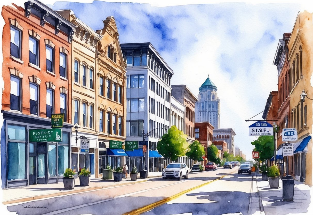A bustling city street in Columbia, MO, lined with historic buildings and modern developments, with real estate signs and bustling activity