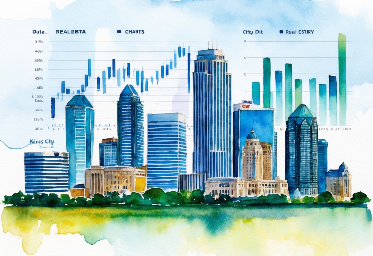 A skyline of Kansas City, Missouri with real estate data charts and graphs overlaid
