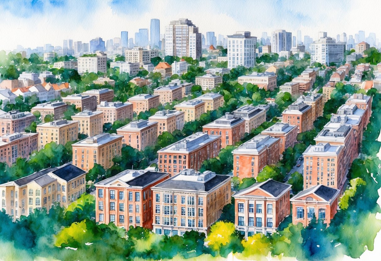 A bustling cityscape with rows of residential and commercial buildings, surrounded by lush greenery and a vibrant real estate market