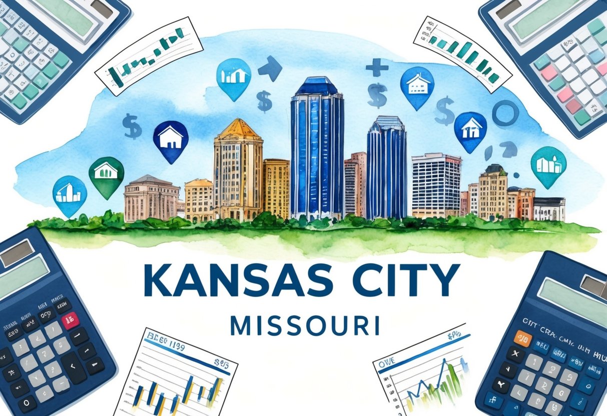 A skyline of Kansas City, Missouri with various real estate properties and investment symbols, surrounded by financial charts and calculators