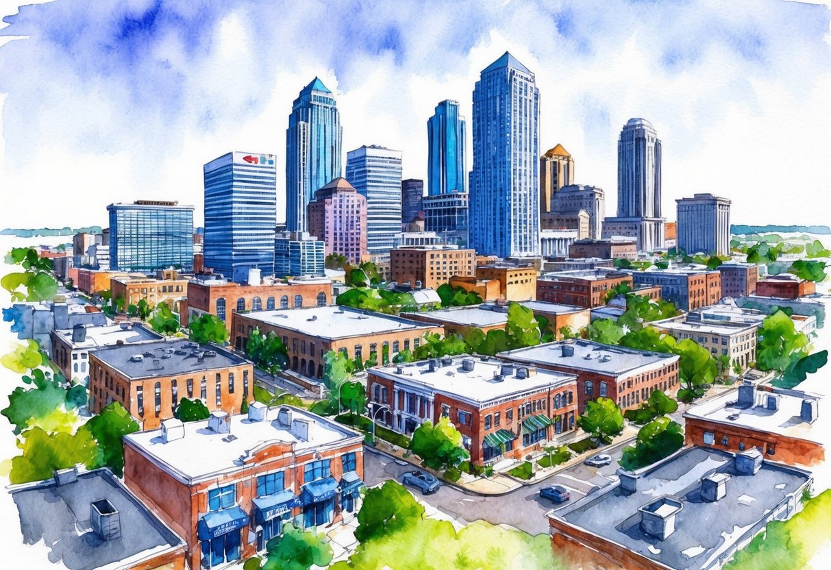 A bustling cityscape in Kansas City, MO with various real estate properties and buildings, showcasing the essentials of property management and real estate investing