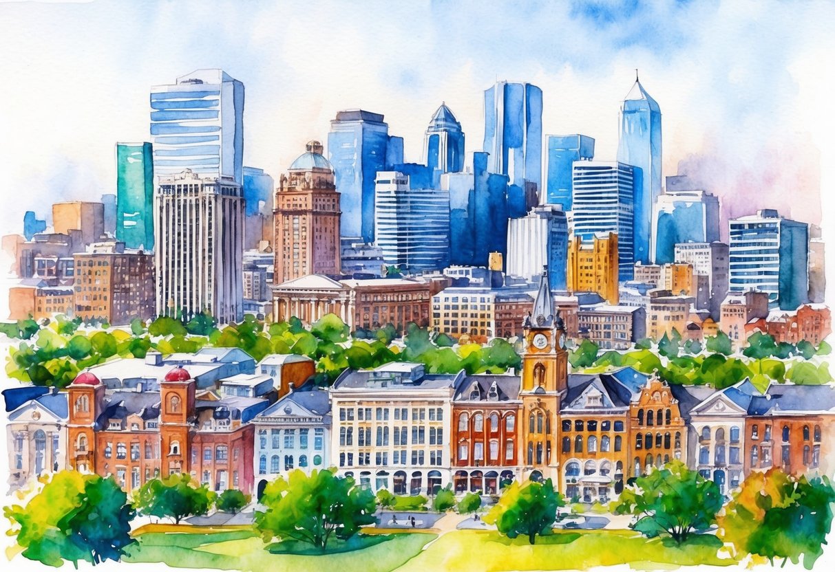 A bustling city skyline with a mix of modern and historic buildings, surrounded by green parks and vibrant neighborhoods