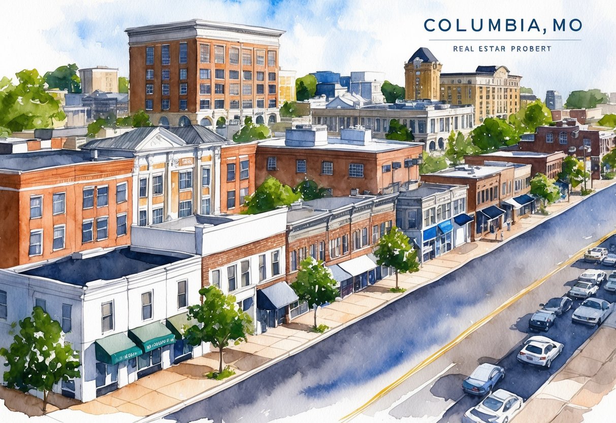 A bustling street in Columbia, MO with various real estate properties, including houses, apartments, and commercial buildings. A mix of modern and historic architecture