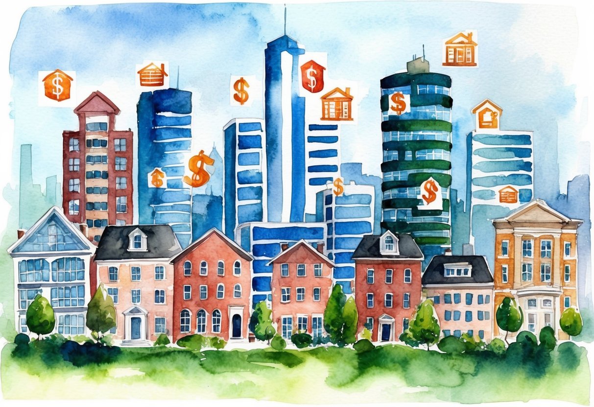 A bustling cityscape with diverse real estate properties and investment symbols