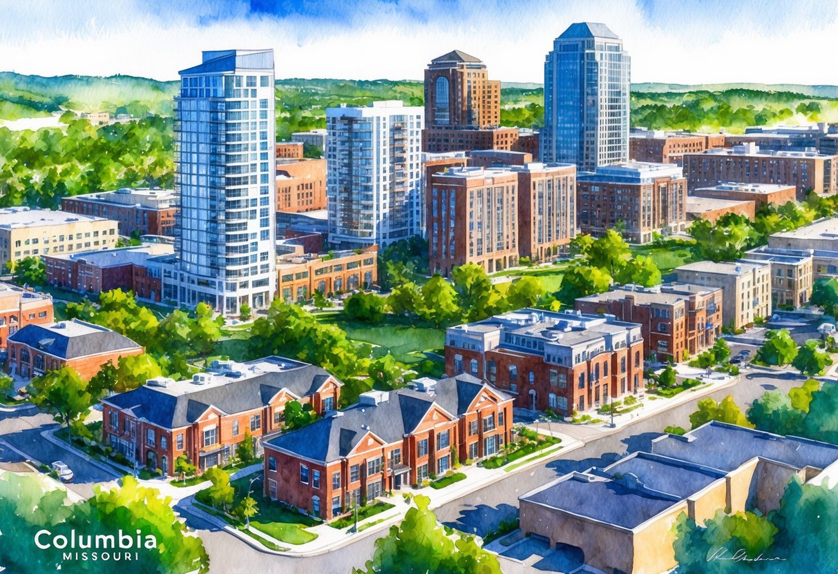 A vibrant cityscape of Columbia, Missouri with modern buildings and residential properties, surrounded by lush greenery and a bustling real estate market