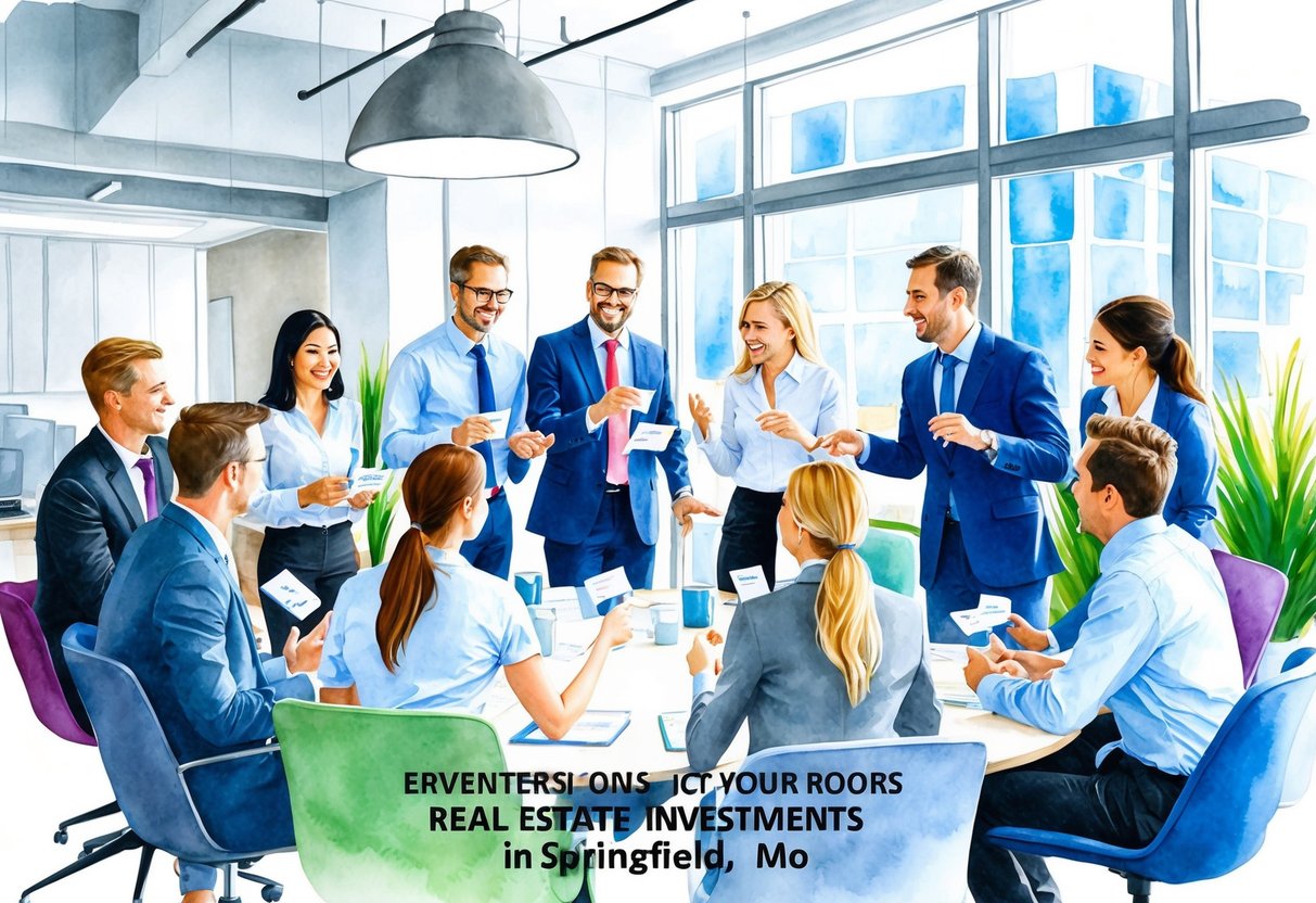 A group of professionals gather in a modern office, exchanging business cards and engaging in lively conversations. The room is filled with energy and excitement as they discuss real estate investment opportunities in Springfield, MO