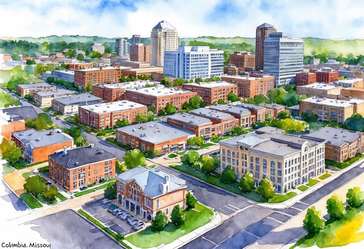 A bustling cityscape in Columbia, Missouri with various real estate properties such as residential homes, commercial buildings, and apartment complexes