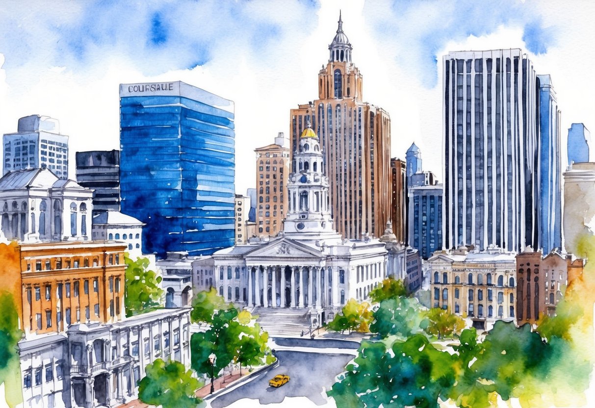 A bustling cityscape with tall buildings, a mix of modern and historic architecture, and a prominent courthouse in the center