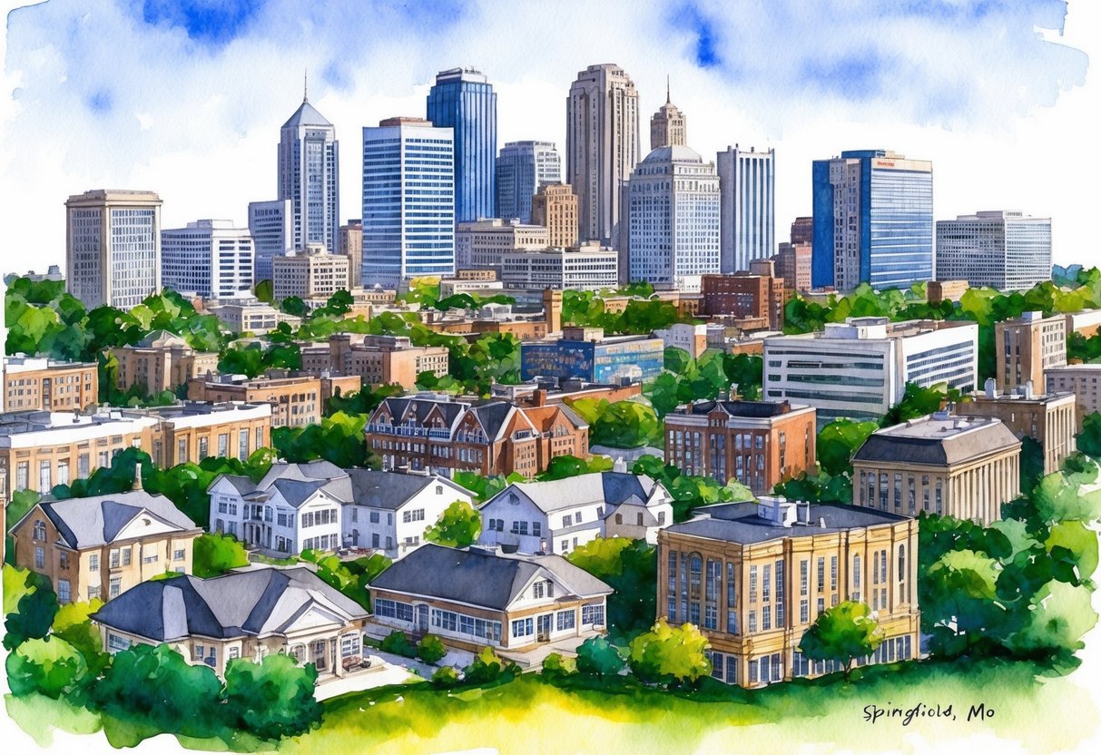 A bustling city skyline with various real estate properties, including residential homes and commercial buildings, surrounded by lush greenery in Springfield, MO