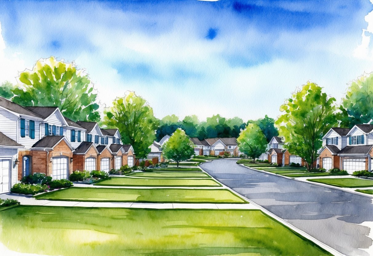 A suburban neighborhood with neatly manicured lawns and rows of houses, surrounded by lush green trees and a clear blue sky