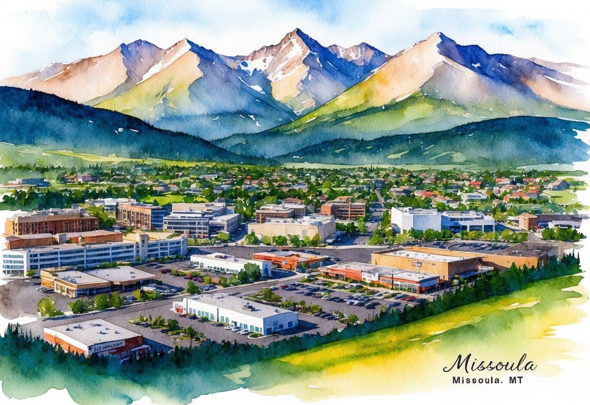 A picturesque landscape of Missoula, MT with a mix of residential and commercial properties, surrounded by the beautiful Rocky Mountains