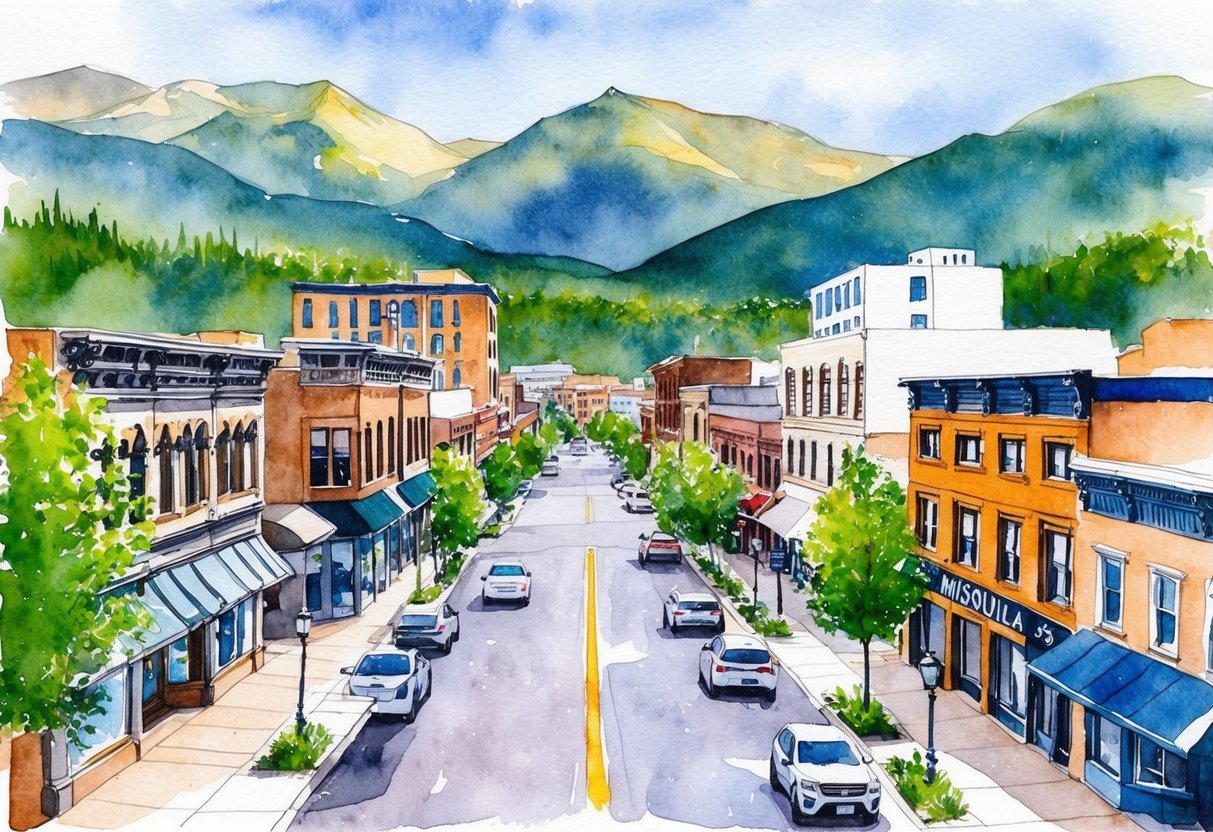 A bustling street in Missoula, MT with a mix of historic and modern buildings, surrounded by mountains and lush greenery, showcasing the diverse real estate market