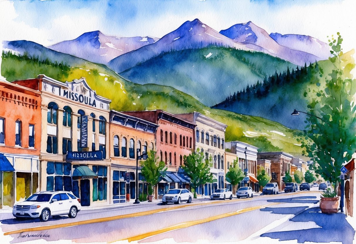 A bustling downtown street in Missoula, MT with a mix of historic and modern buildings, surrounded by the natural beauty of the surrounding mountains and rivers