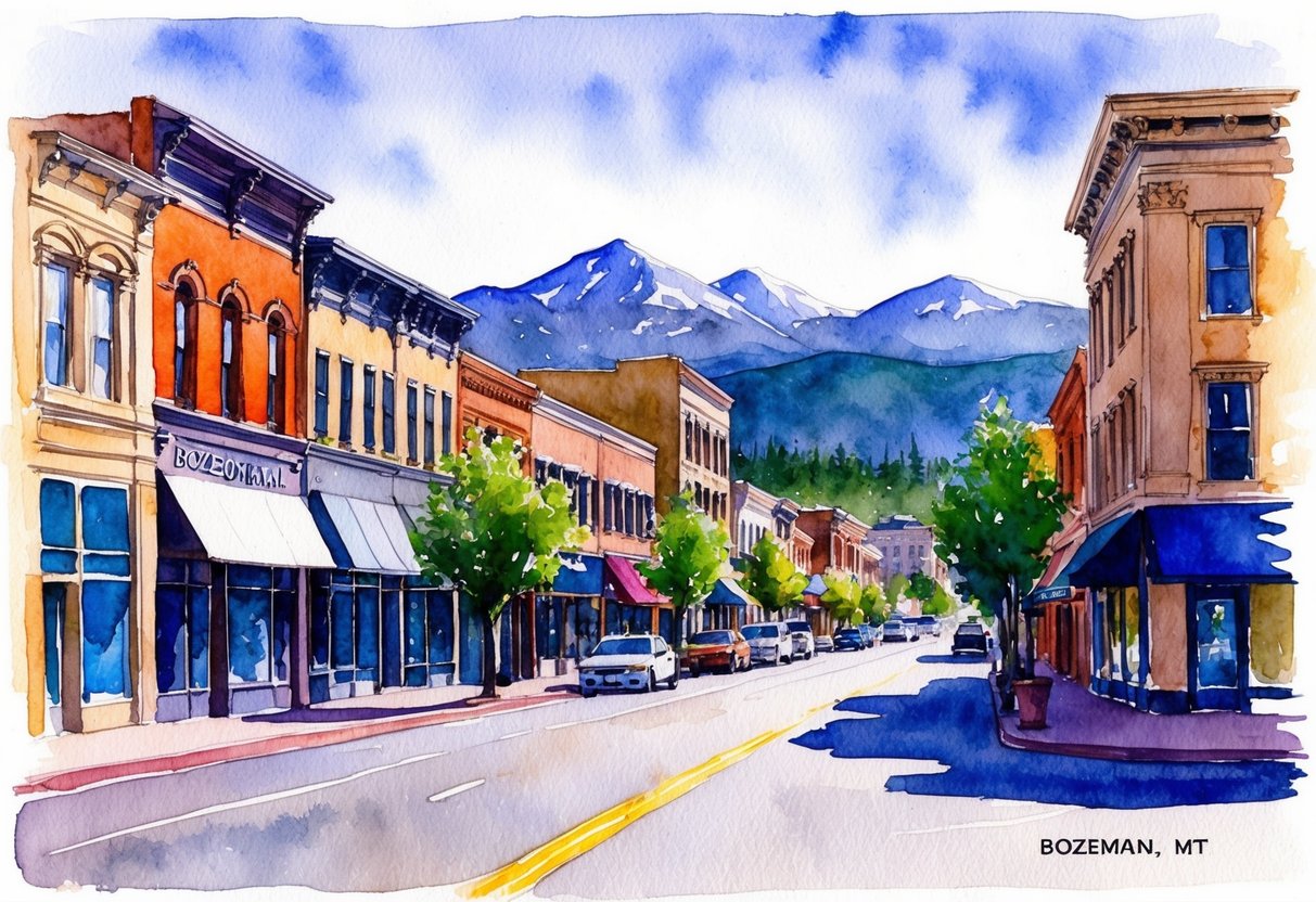 A vibrant downtown street in Bozeman, MT, lined with historic buildings and modern storefronts, with the picturesque backdrop of the Rocky Mountains in the distance