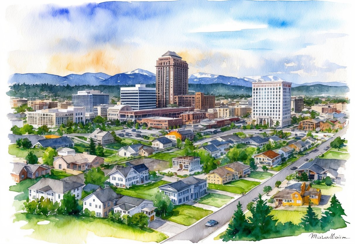 A panoramic view of Missoula, MT with various real estate properties, a city skyline, and a prominent financial institution