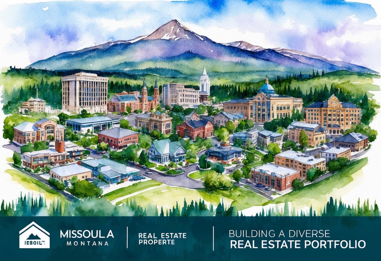 A scenic view of Missoula, Montana with various real estate properties and landmarks, showcasing the potential for building a diverse real estate portfolio